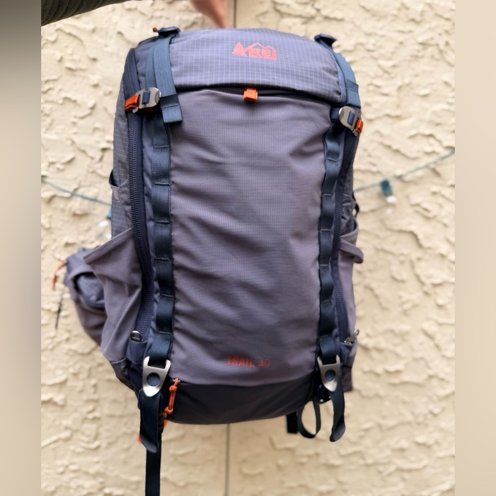 REI Co-op Trail 40 Womens, Purple/Gray Backpack with Orange Accents